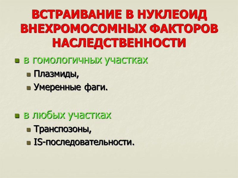 ВСТРАИВАНИЕ В НУКЛЕОИД ВНЕХРОМОСОМНЫХ ФАКТОРОВ НАСЛЕДСТВЕННОСТИ в гомологичных участках Плазмиды, Умеренные фаги.  в